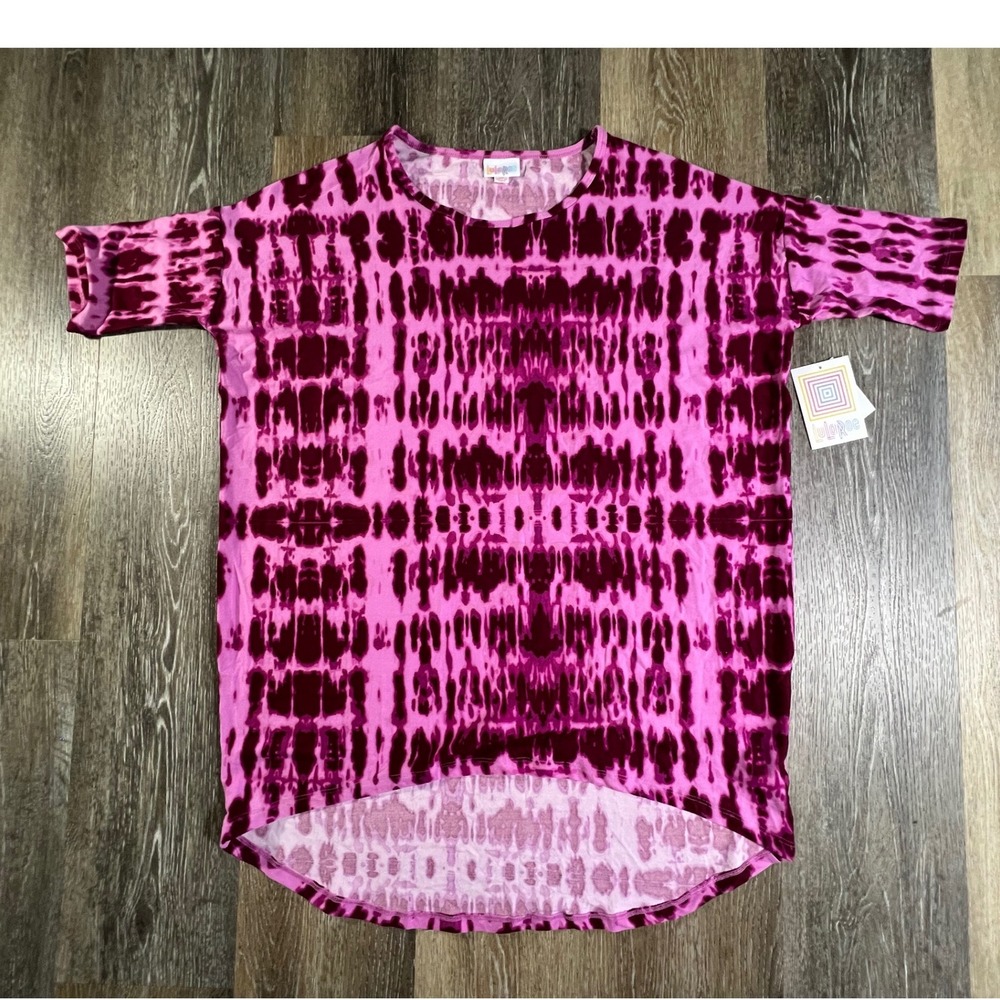 LuLaRoe Irma Tunic Women XS Pink Purple Tie Dye High Low Short Sleeve Top